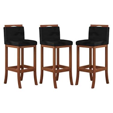Imagem de Kit 3 Banquetas Alta Encosto Estofado 38x98 Cm Turim Madeira Maciça Castanho Suede Preto - CCS