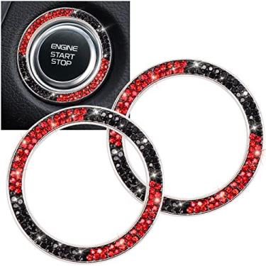 Imagem de ToBeQueen Adesivo de emblema de anel de strass de cristal para carro, decoração de interiores de carro, acessórios de carro brilhantes para mulheres, botão de pressão para iniciar, chave de ignição e anel de botão (preto + vermelho)