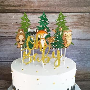 Imagem de HEETON Artigos de festa para chá de bebê da Woodland, topo de bolo de boas-vindas, tema de cervo de raposa, criaturas florestas, suprimentos de festa de animal de estimação, decorações 11 peças