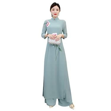Imagem de Yajun Cheongsam estilo chinês vestido tops calça terno feminino longo fino casual vintage qipao respirável gola mandarim terno, verde, G (peito: 92cm)