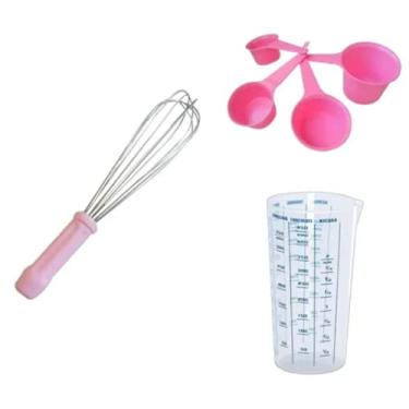 Imagem de Batedor 30 Cm Rosa + Copo Medidas+ Xicaras De Medidas Rosa