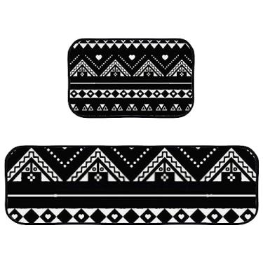 Imagem de My Little Nest Conjunto de 2 peças de tapetes de cozinha absorventes de microfibra tapetes de cozinha tribal asteca preto e branco tapetes macios, tapete antiderrapante confortável para sala de jantar, lavanderia, escritório