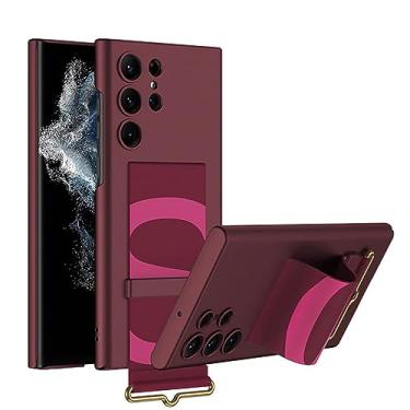 Imagem de CQSJX Capa com alça de pulso para Samsung Galaxy S23 Ultra/S23 Plus/S23, capa de suporte para mulheres e homens, capa fina rígida à prova de choque PC + pulseira de couro PU, vermelha, S23 6,1 polegadas