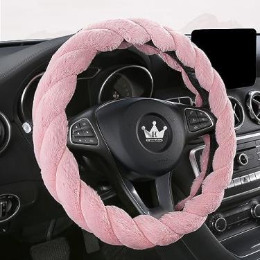 Imagem de Capa de volante de carro de inverno fofa de luxo para mulheres menina pelúcia macia quente bonito feminino acessórios interiores automotivos para caminhão Jeep, F150, universal, antiderrapante, rosa, 15 polegadas, tamanho grande [15" 1/2-16"](39-41cm)