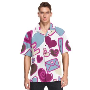 Imagem de Camisa havaiana manga curta abotoada corações elegantes amor roxo azul roupas camisas de botones para, Valentim corações elegantes amor roxo azul, G