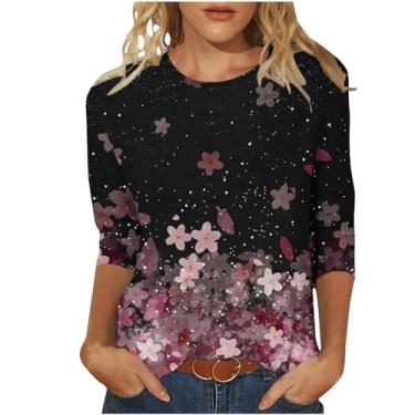 Imagem de Camisetas femininas com manga 3/4 para sair com estampa de flores, camisetas soltas, gola redonda, confortável, leve, Preto, 3G