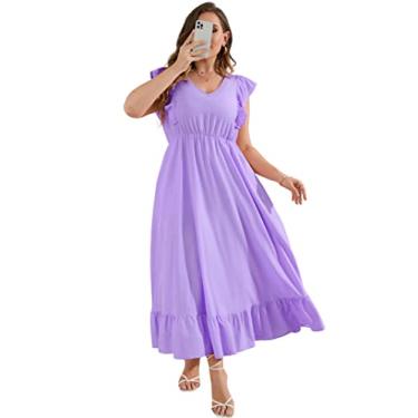 Imagem de KOJOOIN Vestido feminino plus size de verão com bolso com babados, sem mangas, decote em V, fenda lateral, longo, vestido maxi de praia, roxo, GG