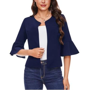 Imagem de MINTLIMIT Blazer curto para mulheres, casual, elegante, frente aberta, blazer rodado, manga 3/4, cardigã sob medida, Azul marinho, P