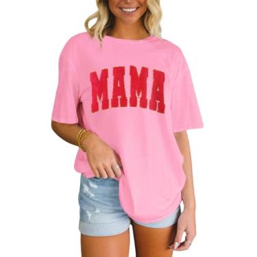 Imagem de BOUTIKOME Camiseta feminina Mama com lantejoulas e glitter, estampa Chenille Mom Life, verão, manga curta, solta, rosa, M