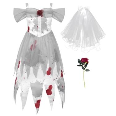 Imagem de ReliBeauty Ghost Zombie Bride Costume for Girls with Veil and Flower, White, 5/120