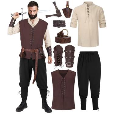 Imagem de RAAIBB Fantasia renascentista masculina medieval viking de Halloween fantasia de pirata arqueiro cosplay conjunto de roupa, Conjunto de fantasia com colete marrom escuro, G