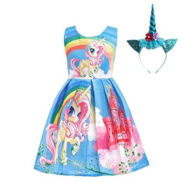 Imagem de Dressy Daisy Fantasia infantil para meninas fantasia de unicórnio com aro de cabelo vestido chique tamanho 4T azul FC127