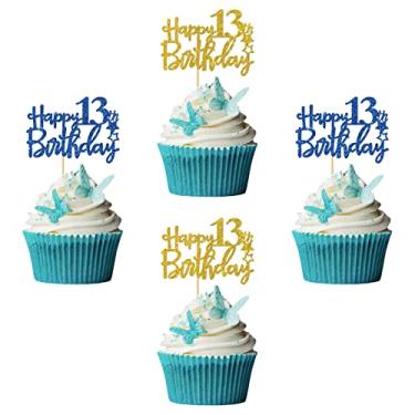 Imagem de RoadSea Toppers de cupcake de feliz aniversário de 13 anos - Decorações de festa para meninos adolescentes de 13 anos - 24 peças de glitter azul e dourado