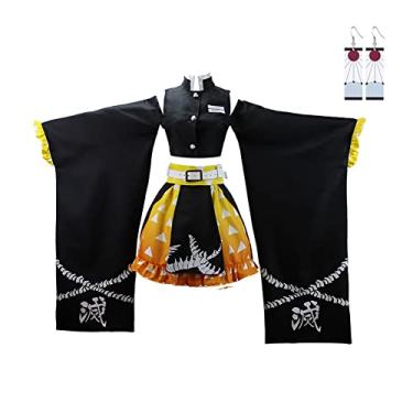 Imagem de Juejuezi Nova fantasia Zenitsu Tanjirou cosplay anime quimono Halloween saia ombro de fora roupa Shinobu com brincos, Amarelo, 3XLarge