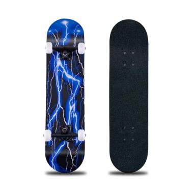 Imagem de Skate, skate completo de 78 x 20 cm, deck de madeira de bordo de 8 camadas, skate padrão para crianças, adolescentes, adultos, iniciantes (azul)