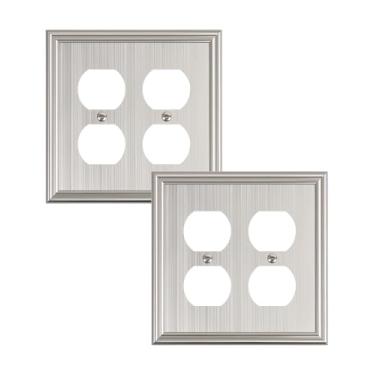 Imagem de TREEWELL Pacote com 2 capas de tomada dupla duplas, placas decorativas de níquel escovado e tampas de tomada para tomadas elétricas, placas de parede de liga de zinco duráveis, capa de receptáculo