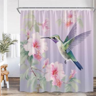 Imagem de Cortina de chuveiro de flores roxas, plantas verdes, decoração floral para banheiro, cortina de banho de tecido de poliéster com ganchos, 8652AF, 180 x 220 cm, 70 x 86 pol.