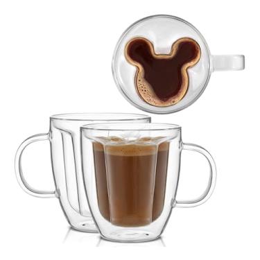 Imagem de JoyJolt Conjunto de 2 copos de vidro 3D Disney Mickey Mouse, 283 g, copos de café de parede dupla isolados com design 3D, conjunto de xícaras de café Disney isoladas, canecas exclusivas também para