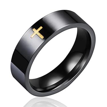 Imagem de Anéis de cruz para homens, anéis masculinos banhados a ouro 18 quilates de aço inoxidável prata Lord Prayer Jesus Christian Black Pinky, tamanho do anel 5 a 13, 5, Aço inoxidável, Sem pedra preciosa
