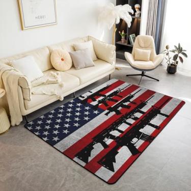 Imagem de jejeloiu Tapete de piso interno com bandeira americana 12 x 18 cm, metralhadoras, tapetes para sala de estar, tapete decorativo militar