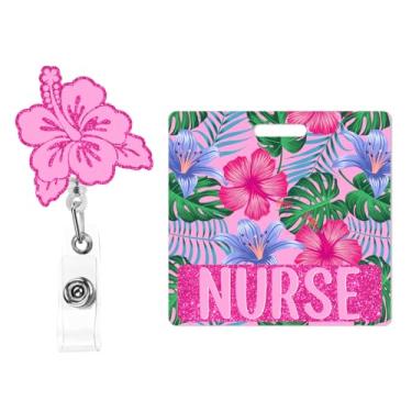 Imagem de Cheerupp Porta-cartão de crachá com flor de hibisco tropical brilhante e carretel de crachá com clipe de jacaré giratório para enfermeira havaiana de enfermagem acrílico protetor de crachá de
