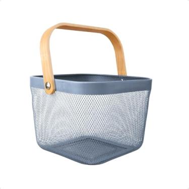 Imagem de Cesto Organizador Multiuso Quadrado Metal Aramado Telado com Alça de Madeira Bambu Caixa Decorativa Fruteira Cozinha Livros Brinquedos Piquenique (Azul)