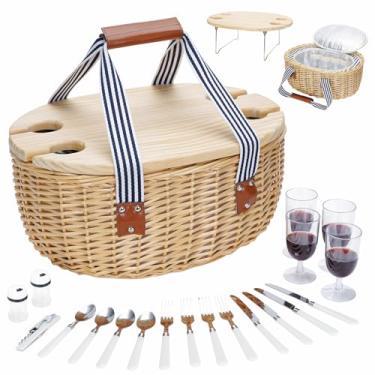 Imagem de STBoo Cesta de piquenique para 4, cesto de vime isolado com mesa dobrável, conjunto de cestas de piquenique de salgueiro com bolsa térmica grande para acampamento ao ar livre (listra)