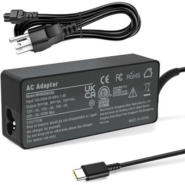 Imagem de 100W 90W USB C Adaptador de para computador portátil compatível com Lenovo Thinkpad Carbon x1 5th 6th Gen, IdeaPad 13" 720 Y400 Y500 P580 P500, Yoga 370 X280 X390 X395 910 920 Power Cord