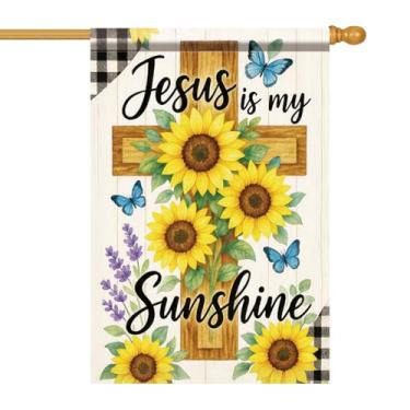 Imagem de Starlit Patio Bandeira de casa religiosa Jesus is My Sunshine Cruz com girassóis borboletas decoração de casa ao ar livre faixa de jardim primavera verão bandeira dupla face 71 x 101 centímetros