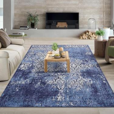 Imagem de dainslef Tapete de sala de estar, lavável, vintage, ultrafino, antiderrapante, camada baixa, não derrama, resistente a manchas, Paisley envelhecido, para quarto, escritório, azul marinho