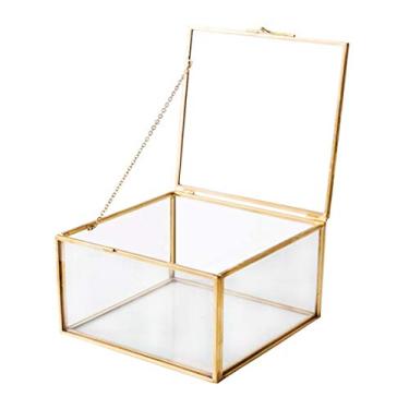 Imagem de Utopz Caixa quadrada de lembrança de joias de vidro dourado, exibição de decoração de casa, organizador vintage, caixa decorativa de latão e vidro transparente, 12 x 12 x 7 cm