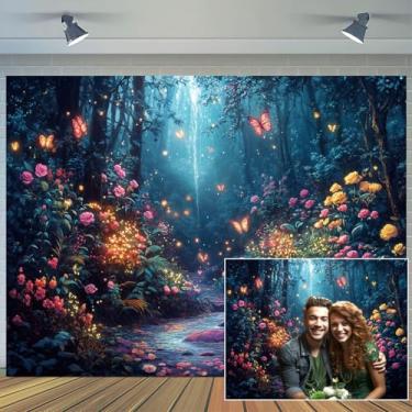 Imagem de Pano de fundo para fotografia de floresta de fantasia de 3,5 x 2,3 m, cenário floral de fada, cenário encantado do país das maravilhas borboleta mágica, decorações de festa de aniversário, fundos