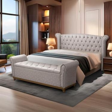 Imagem de Cabeceira e Baú Grécia Solteiro, Courino Sintético Bege, Capitonê com Tachas, 140x128x25 cm (Cinza)