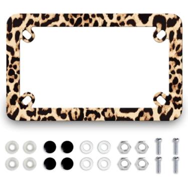 Imagem de Moldura de placa de licença de motocicleta com estampa de leopardo marrom de aço inoxidável, suporte de etiqueta de animal de guepardo, 4 furos, acessório de motocicleta à prova d'água, com parafusos,