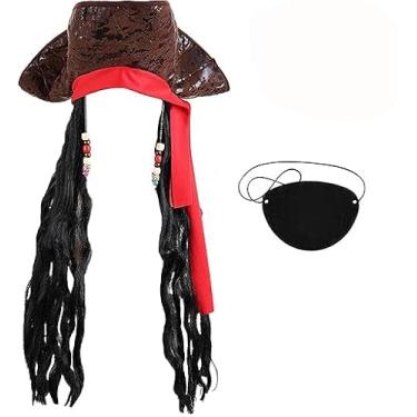 Imagem de RONGXG Chapéu de pirata de Halloween com peruca Eyepatch Caribbean Buccaneer fantasia tricórnio chapéu de pirata boné tapa-olho acessório cosplay, Chapéu de pirata com faixa de cabeça vermelha +