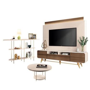 Imagem de Estante Home Theater Nobre Off White Castanho E Aparador Infinity E Mesa De Centro Sky Off White– Hb Móveis