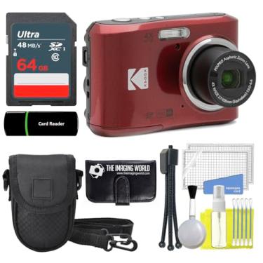 Imagem de Kodak PIXPRO FZ45 Câmara digital de 16 MP, zoom ótico de 27 mm, ângulo amplo, 1080P, câmara LCD Full HD de 2,7 polegadas (vermelho) cartão e leitor de 64 GB capa porta-folhas de memória tripé