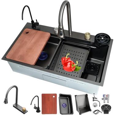 Imagem de Pia De Cozinha De Aço Inoxidável Preto, Pia Em Cascata, Pia Multifuncional De Estação De Trabalho De Tigela única, Pia De Barra De Revestimento Nano De Montagem Sup, Black#1a, 80x50cm