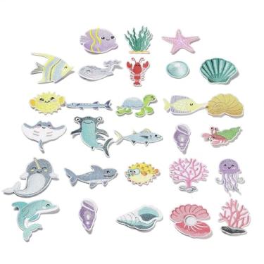 Imagem de Stiesy 56 peças de adesivos bordados com tema de animal marinho, tubarões, estrela-do-mar, peixes tropicais, golfinhos, concha, água-viva, adesivos bordados para roupas, chapéu, mochila, bolsa
