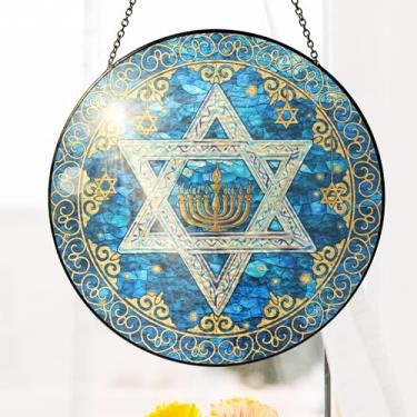 Imagem de Apanhador solar de vitrais Estrela de Davi – Janela redonda de Hanukkah de 20 cm com design de menorá, presente de decoração de casa judaica