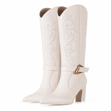 Imagem de LACIKOSZ Botas femininas de cano alto ocidental, bico fino, bordadas, com fivela dourada e salto bloco, elegantes botas modernas de couro sintético, Branco, 39