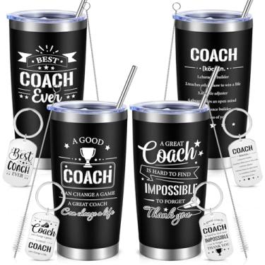 Imagem de TLY 4 conjuntos de copos e chaveiros isolados Best Coach Ever de 590 ml, garrafa de aço inoxidável com tampa canudo e escova beisebol, basquete, futebol, treinador, presente de agradecimento
