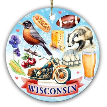 Imagem de Sportyzen Enfeite de Natal de cerâmica do estado de Wisconsin – texugo, queijo, pássaro robin, motocicleta Harley, futebol e cerveja – lembrança do estado de Wisconsin, decoração de árvore