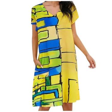 Imagem de Moda feminina vintage estampado manga curta com decote em v vestido co