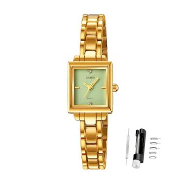 Imagem de SKMEI Relógio feminino quadrado elegante à prova d'água analógico de quartzo com pulseira de aço inoxidável, Prateado, verde
