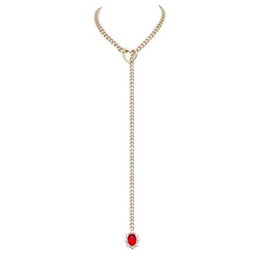 Imagem de EverGlimp Colar de corrente de coração para mulheres, corrente cubana com anel de coração removível, pingente de cristal brilhante, colar em Y ajustável, joia delicada. (dourado-vermelho)