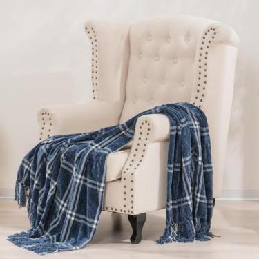 Imagem de Manta EVERGRACE Xadrez Chenille azul/branca 150x200cm