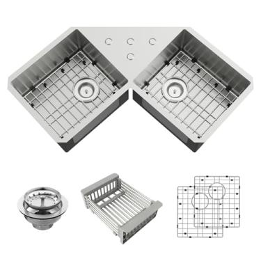 Imagem de Pia de cozinha de canto de 82,5 cm - tigela dupla de aço inoxidável com borboleta embaixo da pia moderna vem com grade inferior, tapete de silicone, escorredor, conjunto de dreno, boa solução para