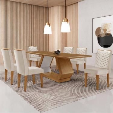 Imagem de Mesa Sala De Jantar Alvorada 180cm E 6 Cadeiras Liz Moderna Veludo Creme/off White/imbuia