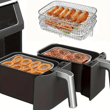 Imagem de Acessórios empilháveis para fritadeira a ar de 3 camadas, cesta de grelha retangular de aço inoxidável e suporte para torradas, design de rack duplo para asas de frango e mais